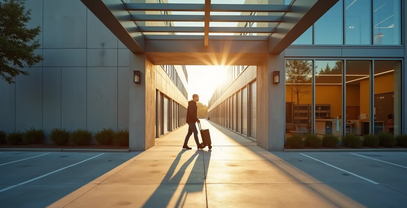 Vue d'un centre de stockage moderne montrant les différents accès et flux de circulation