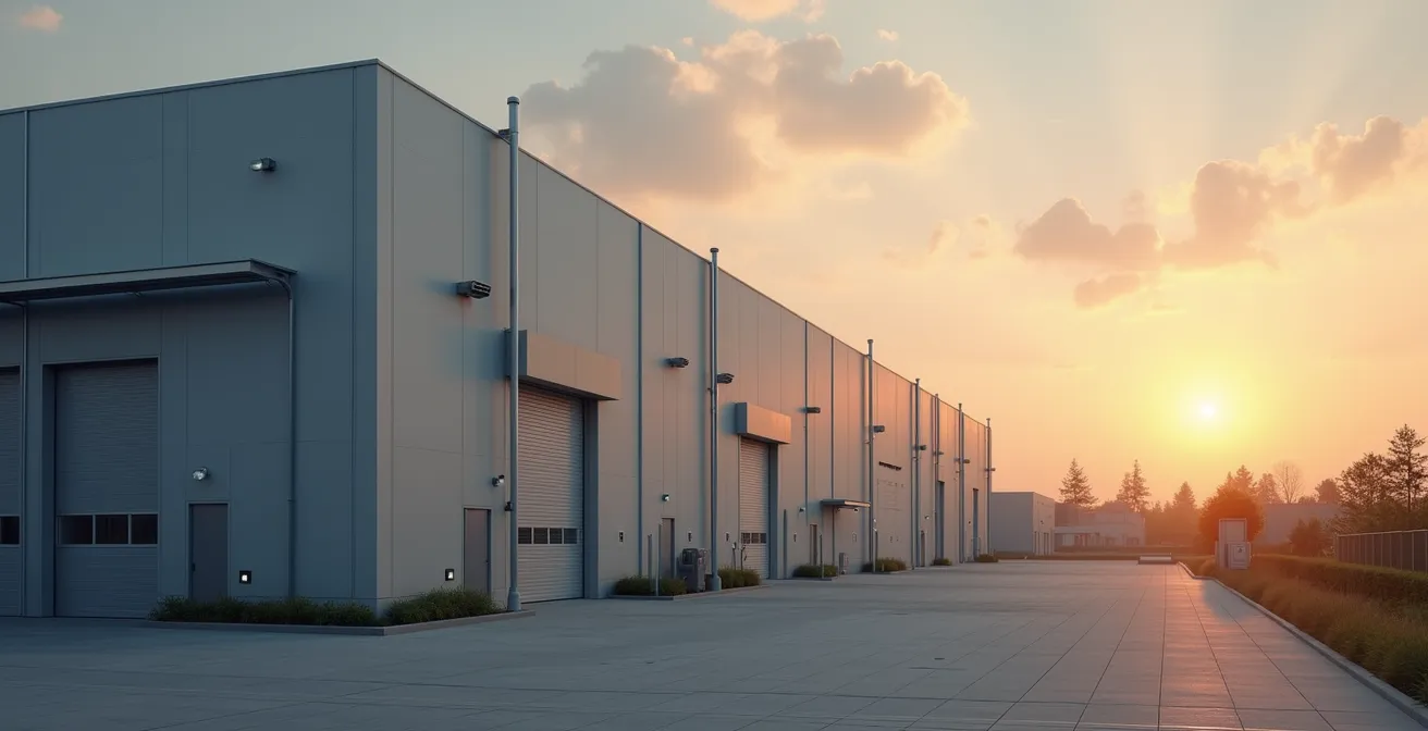 Vue environnementale d'un entrepôt moderne avec éclairage économe