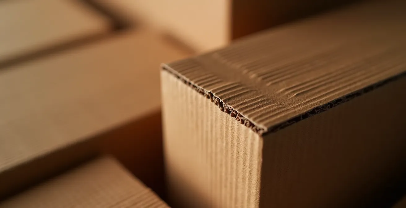 Détail macro de cartons parfaitement organisés montrant l'optimisation de l'espace