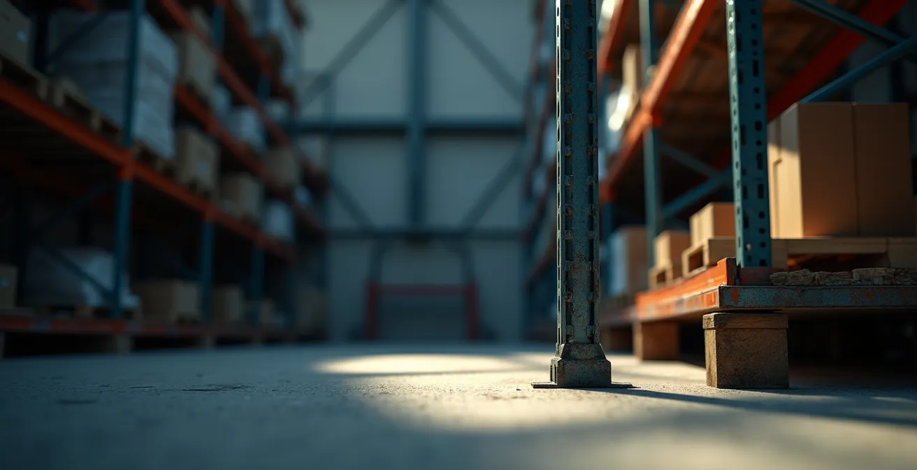 Détail d'un angle mort dans un entrepôt avec jeu d'ombres et de lumières