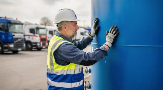 Technicien inspectant une cuve AdBlue industrielle dans un dépôt de transport routier