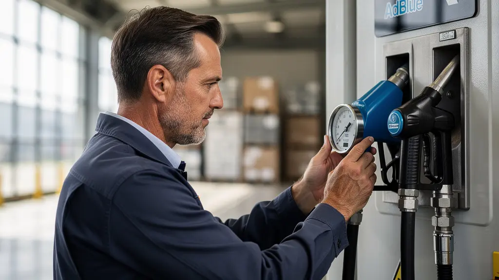 Responsable logistique consultant la jauge de niveau sur une station AdBlue conteneurisée