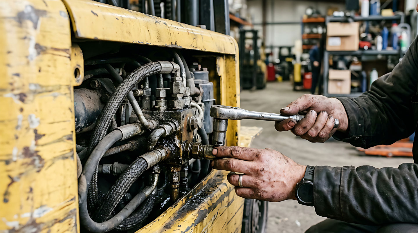 Technicien de maintenance effectuant un contrôle de niveau de fluide hydraulique sur un chariot élévateur dans un atelier professionnel