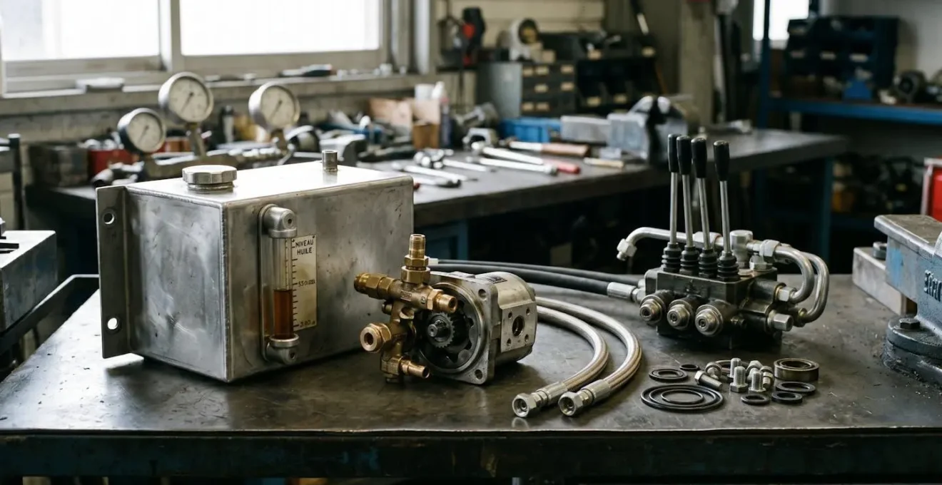 Ensemble de composants hydrauliques professionnels démontés sur établi d'atelier : réservoir, pompe, flexibles haute pression et distributeur avec leviers de commande