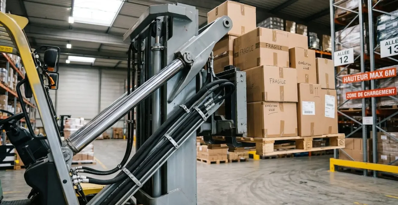 Gros plan sur le mât hydraulique d'un chariot élévateur en extension, montrant les vérins chromés et flexibles hydrauliques en action lors du levage d'une palette dans un entrepôt moderne