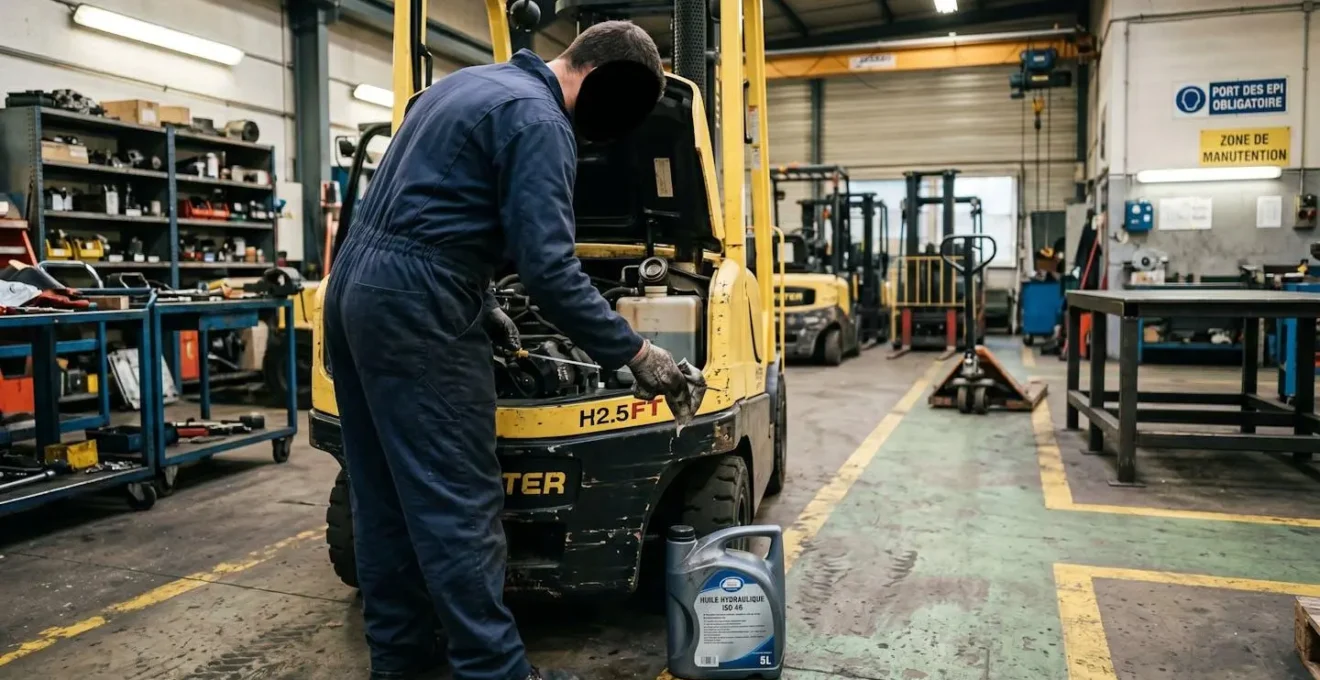 Technicien de maintenance effectuant un contrôle de niveau de fluide hydraulique sur un chariot élévateur dans un atelier professionnel