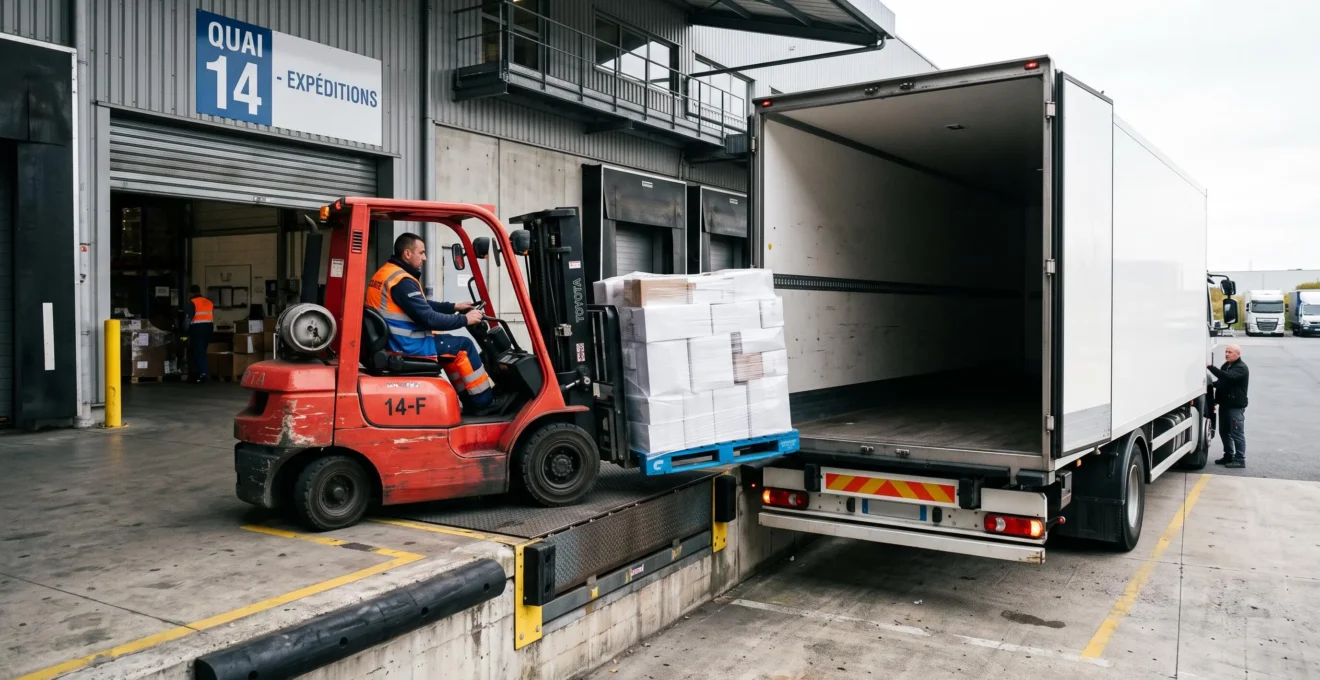 Chariot élévateur chargeant des palettes moulées dans un camion de livraison sur quai de chargement