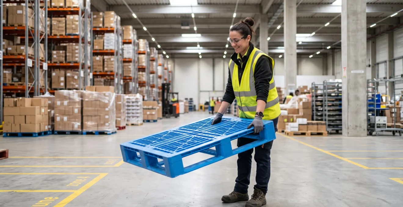 Manutentionnaire manipulant une palette moulée en plastique bleu dans un entrepôt logistique