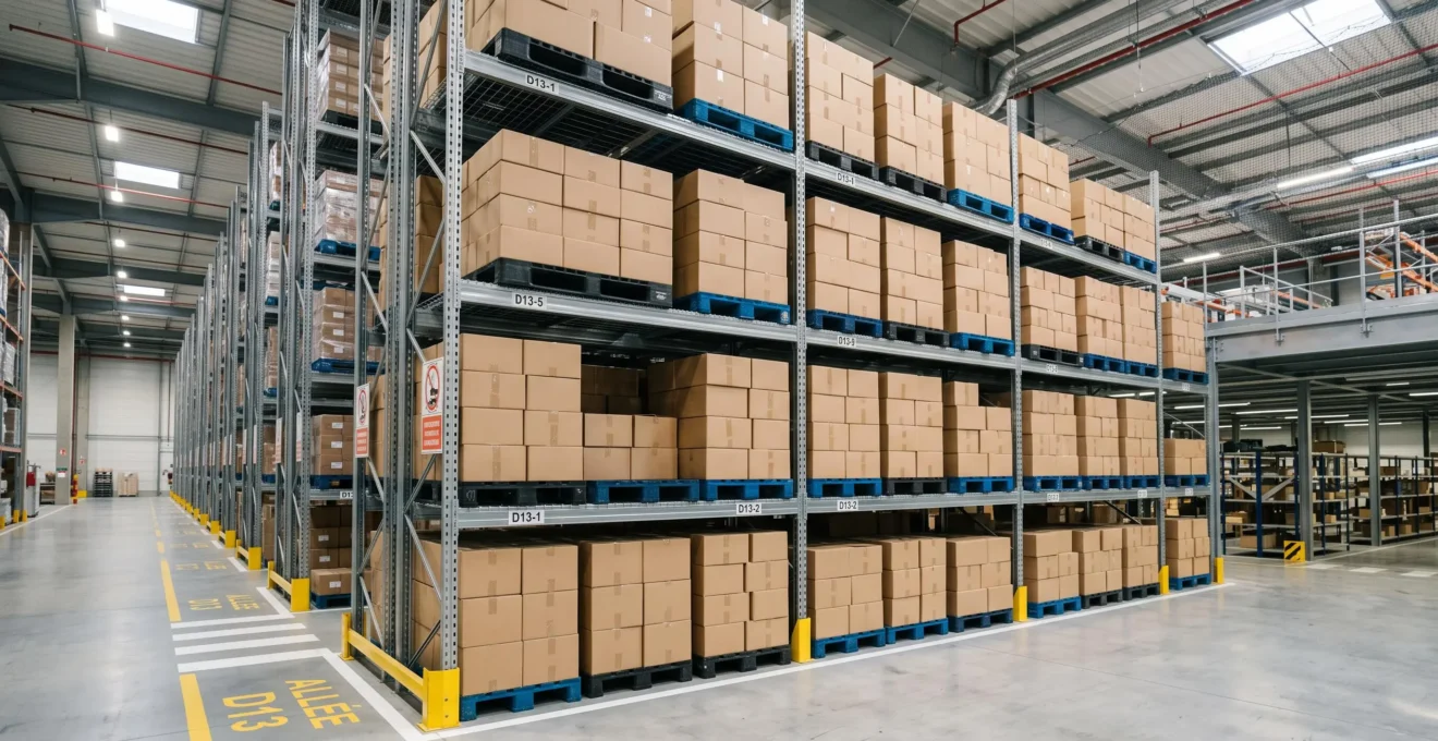 Palettes moulées en plastique chargées de cartons empilées dans un système de rayonnage industriel