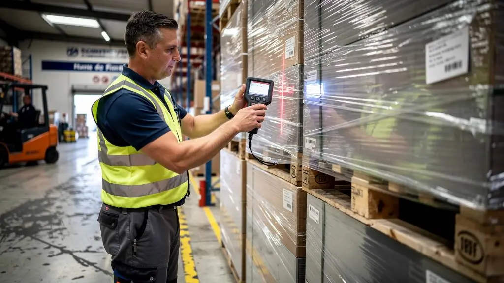Spécialiste logistique mesurant la hauteur et la densité de la charge d'une palette.