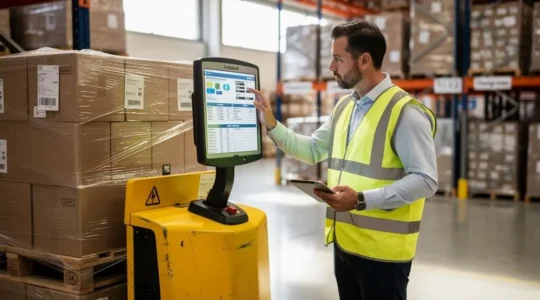 Un responsable logistique examine les spécifications de capacité d'une palette dans un entrepôt.