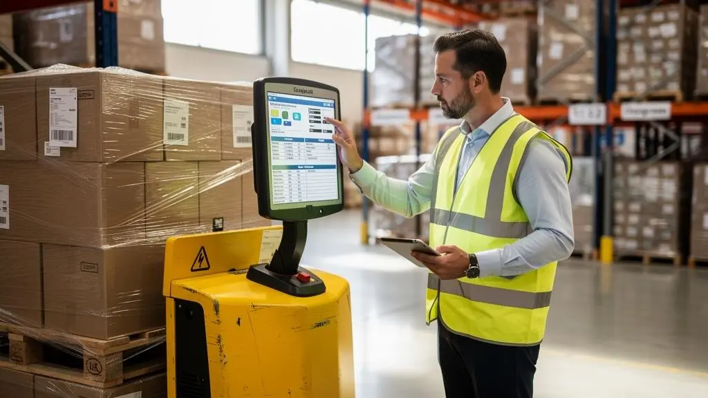 Un responsable logistique examine les spécifications de capacité d'une palette dans un entrepôt.